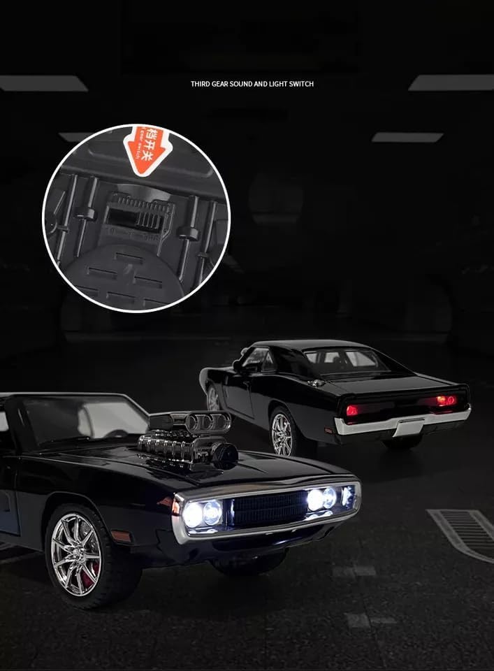 Raadiostore 1:24 Dodge Challenger SRT Exclusive Alloy Metal Pull Back Die-cast Car Model with Sound Light Mini Auto Toy for Kids for Toy Car with Sound and Light (1:24 Dodge Charger F & F7 - Black)