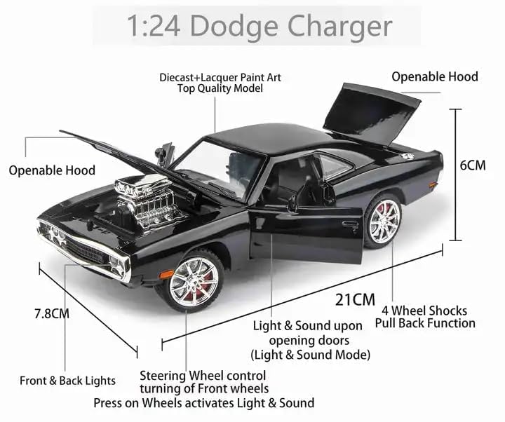 Raadiostore 1:24 Dodge Challenger SRT Exclusive Alloy Metal Pull Back Die-cast Car Model with Sound Light Mini Auto Toy for Kids for Toy Car with Sound and Light (1:24 Dodge Charger F & F7 - Black)