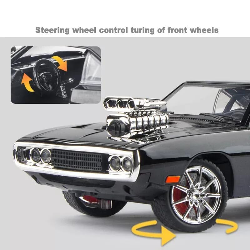 Raadiostore 1:24 Dodge Challenger SRT Exclusive Alloy Metal Pull Back Die-cast Car Model with Sound Light Mini Auto Toy for Kids for Toy Car with Sound and Light (1:24 Dodge Charger F & F7 - Black)