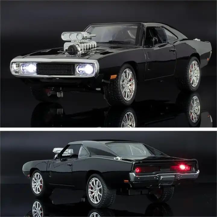 Raadiostore 1:24 Dodge Challenger SRT Exclusive Alloy Metal Pull Back Die-cast Car Model with Sound Light Mini Auto Toy for Kids for Toy Car with Sound and Light (1:24 Dodge Charger F & F7 - Black)