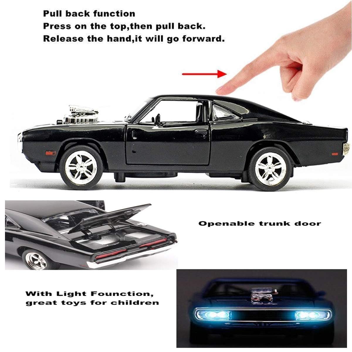 Raadiostore 1:24 Dodge Challenger SRT Exclusive Alloy Metal Pull Back Die-cast Car Model with Sound Light Mini Auto Toy for Kids for Toy Car with Sound and Light (1:24 Dodge Charger F & F7 - Black)