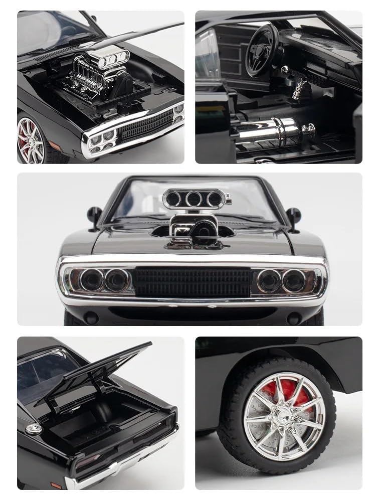 Raadiostore 1:24 Dodge Challenger SRT Exclusive Alloy Metal Pull Back Die-cast Car Model with Sound Light Mini Auto Toy for Kids for Toy Car with Sound and Light (1:24 Dodge Charger F & F7 - Black)