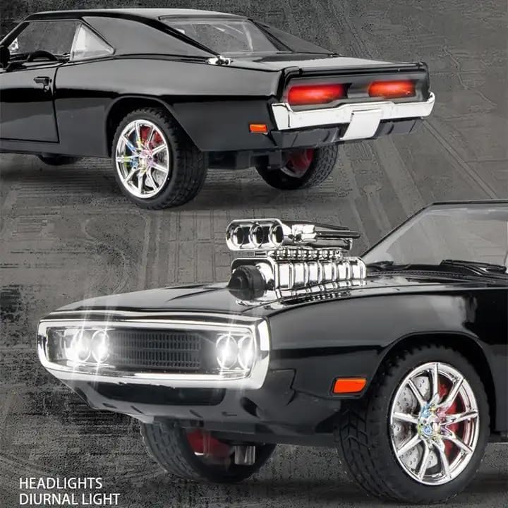Raadiostore 1:24 Dodge Challenger SRT Exclusive Alloy Metal Pull Back Die-cast Car Model with Sound Light Mini Auto Toy for Kids for Toy Car with Sound and Light (1:24 Dodge Charger F & F7 - Black)