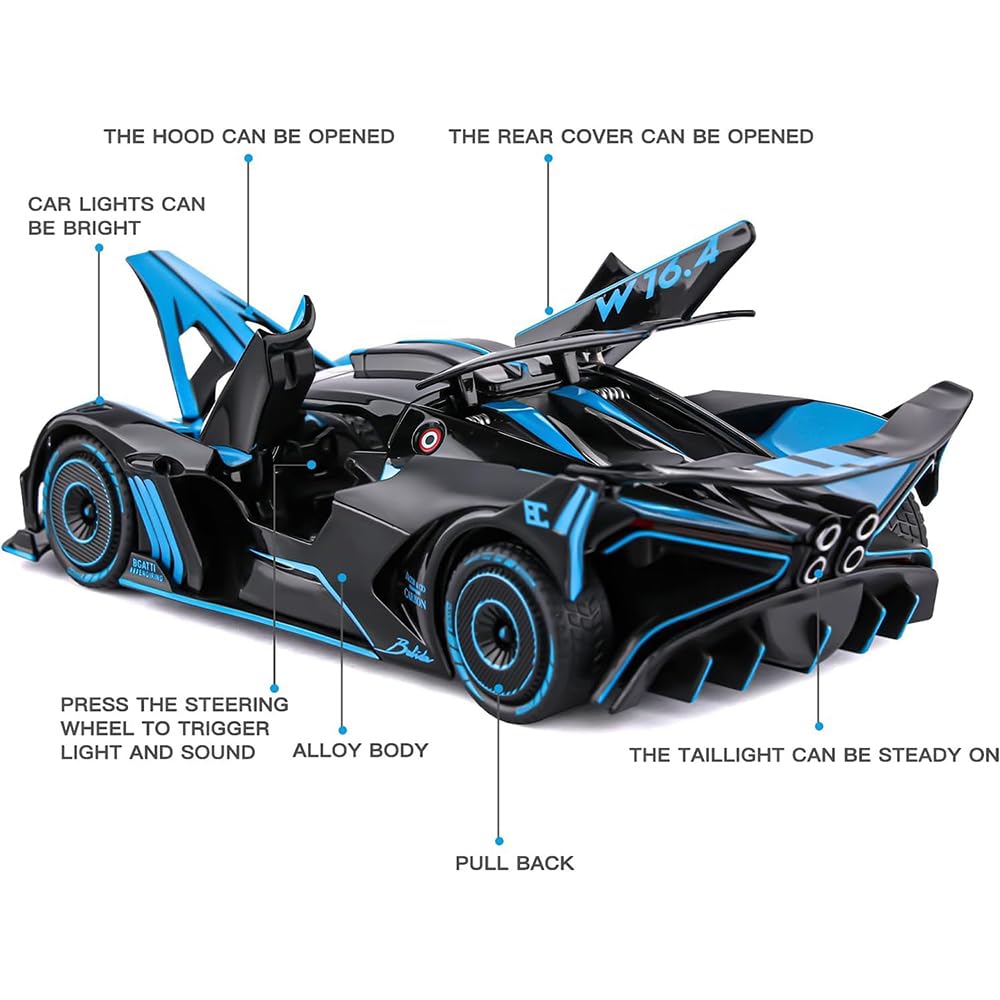 Raadiostore 1:24 Big Bugadi Bolide Diecast Alloy Metal Pull Back Car with Openable Doors Music Sound and Light Vehicle Toy Car for Kids Boys (Red)